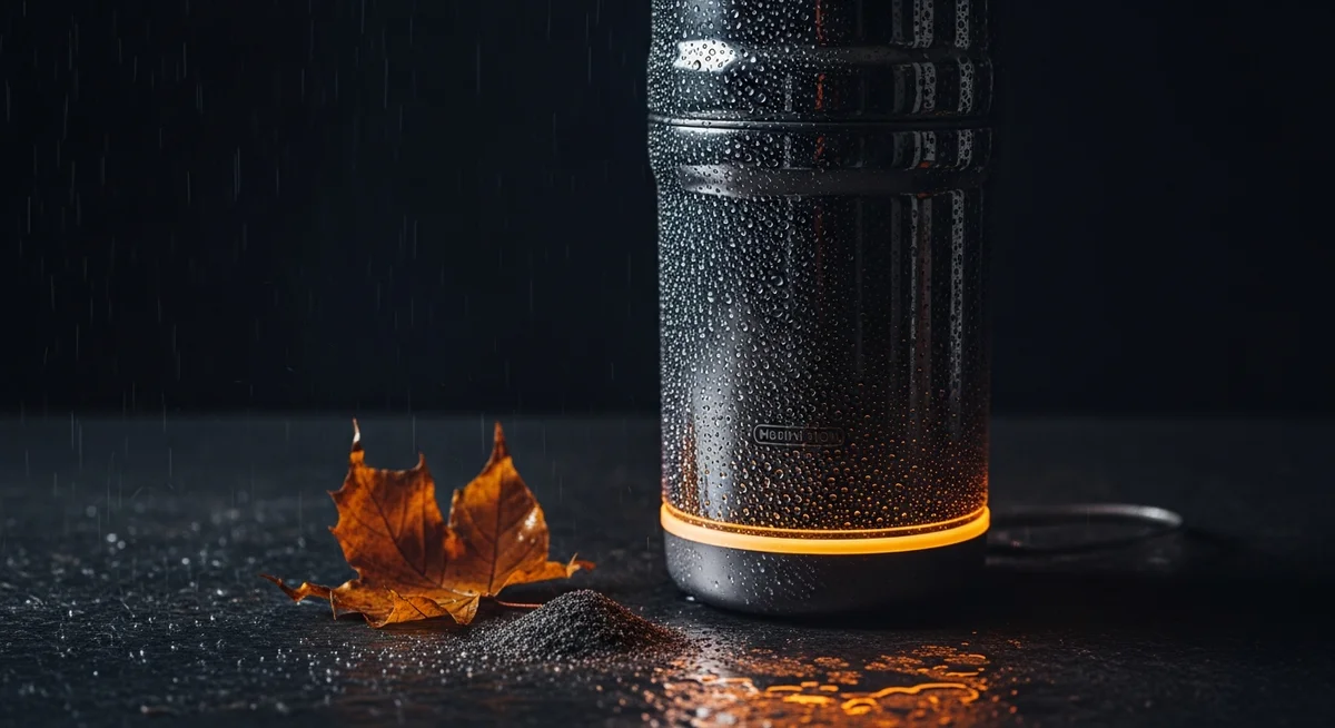 A gravity water filter, dramatically lit, with hints of rainwater and a leaf, illustrating rainwater filtration challenges.