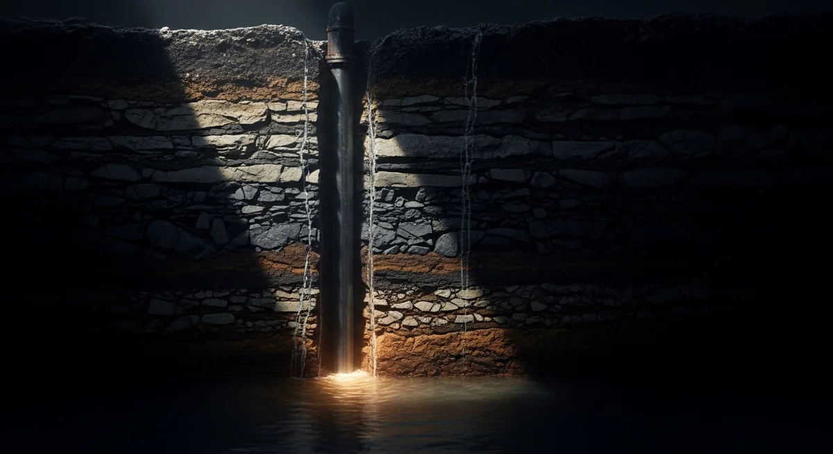 Dramatic, moody photo showing rainwater seeping through dark earth layers to a glowing subterranean aquifer, with a dark pipe rising upwards.