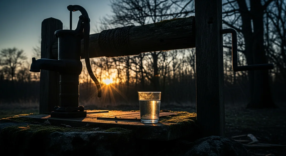 A dramatic, moody photo of a rustic wellhead in a natural setting, with a glass of water catching a warm highlight, symbolizing the pros and cons of well water.