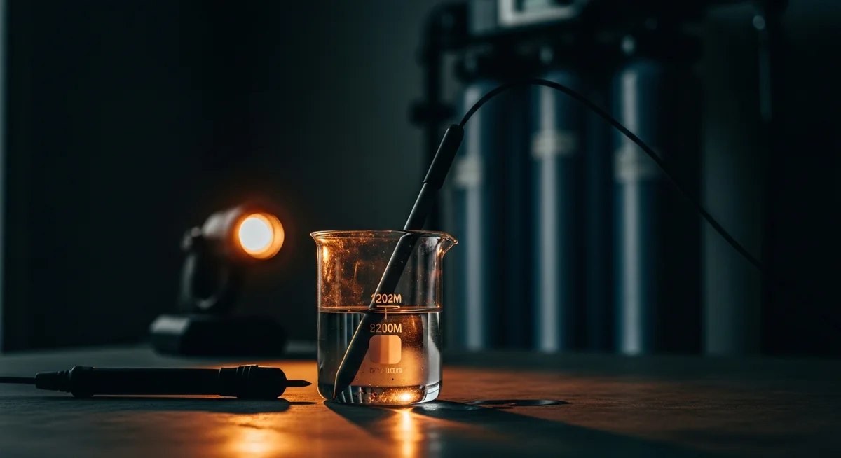 A close-up of well water in a beaker with a pH meter, under dramatic lighting, hinting at water treatment.
