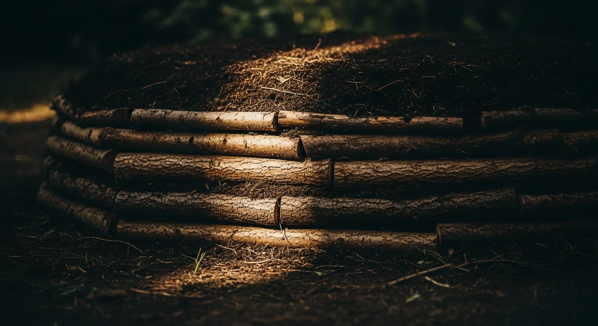 Layers of organic materials like logs and compost are shown in a dramatic, warm-lit close-up, illustrating the construction of a permaculture mound.