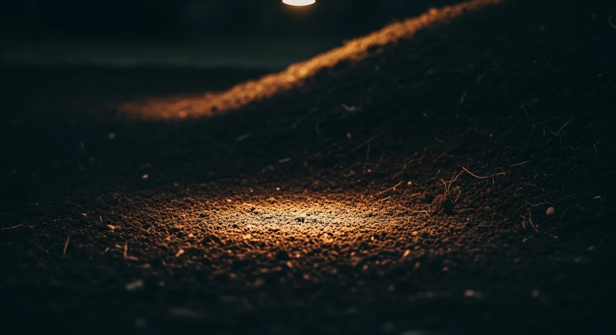 A dramatic close-up of dark, textured clay soil, highlighted by a warm beam of light, with the subtle outline of a garden mound in the shadowed background.