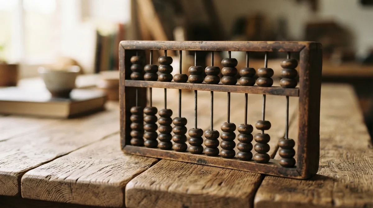 Un boulier en bois ancien posé sur une table en bois texturée dans une pièce floue