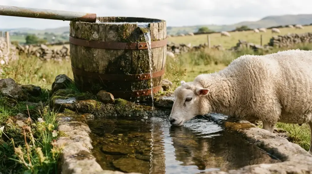 A weathered wooden barrel catchment overflowing with rainwater into a natural stone basin, where a sheep peacefully drinks