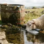 A weathered wooden barrel catchment overflowing with rainwater into a natural stone basin, where a sheep peacefully drinks