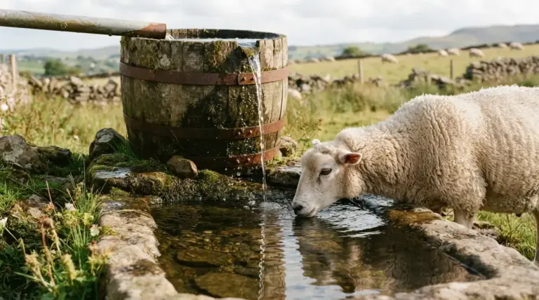 A weathered wooden barrel catchment overflowing with rainwater into a natural stone basin, where a sheep peacefully drinks