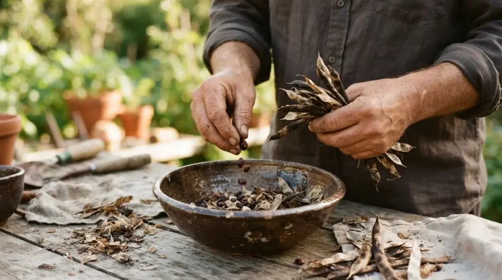 Un jardinier égrène des cosses de haricots secs au-dessus d'un bol en terre cuite sur une table en bois