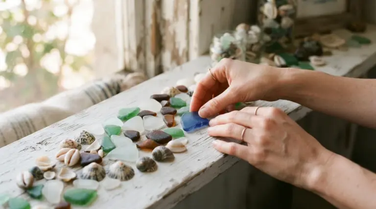 Des mains manipulant des morceaux de verre poli et des coquillages sur un rebord de fenêtre en bois