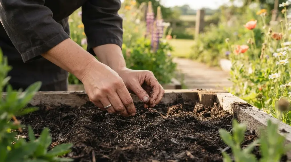 Des mains s'apprêtent à planter des graines dans la terre d'un bac de jardinage entouré de fleurs