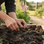 Des mains s'apprêtent à planter des graines dans la terre d'un bac de jardinage entouré de fleurs