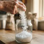 Pure white salt for a water softener, gently pouring from a hand into a clean, clear glass container