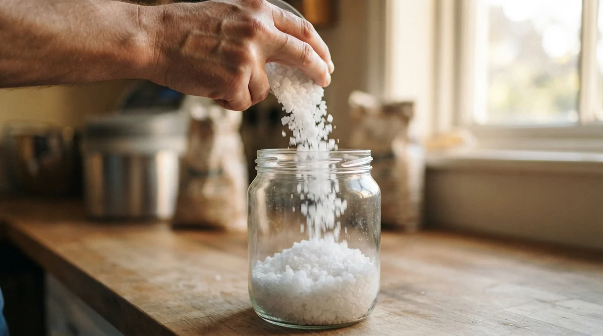 Pure white salt for a water softener, gently pouring from a hand into a clean, clear glass container