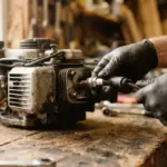 Gloved hands carefully removing a spark plug from a lawn mower engine on a rustic wooden workbench, illuminated by warm