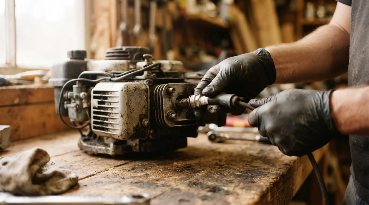 Gloved hands carefully removing a spark plug from a lawn mower engine on a rustic wooden workbench, illuminated by warm