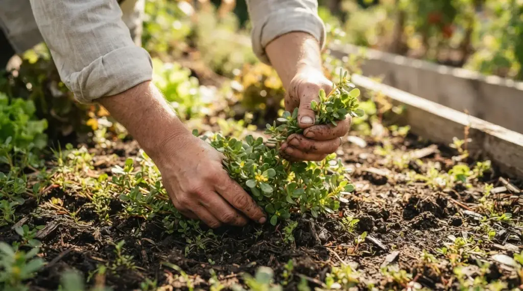 A close-up of a gardener's hands gently harvesting vibrant green purslane from rich