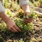 A close-up of a gardener's hands gently harvesting vibrant green purslane from rich