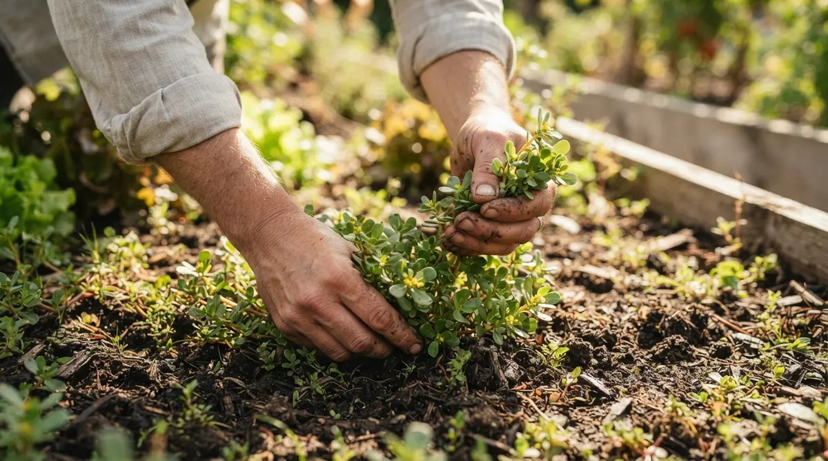 A close-up of a gardener's hands gently harvesting vibrant green purslane from rich