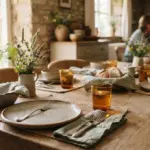 Une table en bois dressée avec des assiettes, des couverts et des fleurs dans une salle à manger rustique