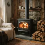 A cast-iron wood stove warmly glowing in a rustic rural living room