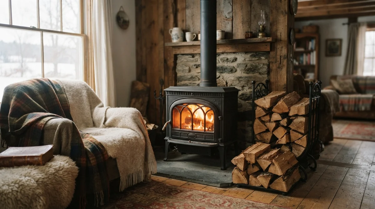 A cast-iron wood stove warmly glowing in a rustic rural living room