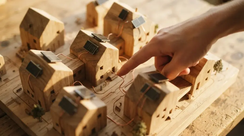 A close-up, top-down view of a tactile wooden model representing several connected homes, each with subtle solar panels