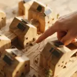 A close-up, top-down view of a tactile wooden model representing several connected homes, each with subtle solar panels