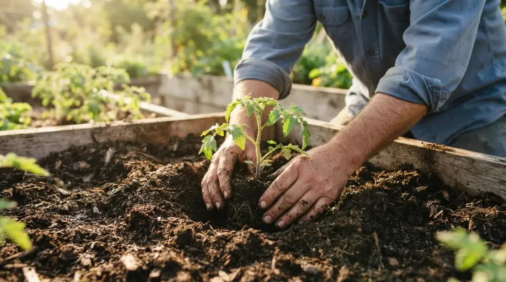 A farmer's hands gently planting a young, vigorous vegetable seedling into dark