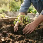 A farmer's hands gently planting a young, vigorous vegetable seedling into dark