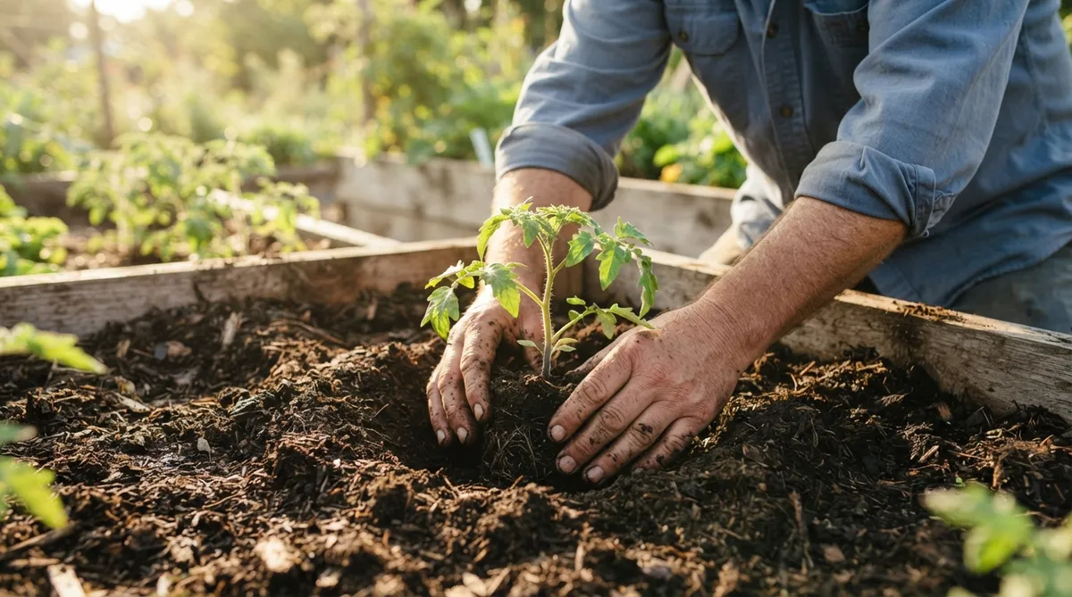 A farmer's hands gently planting a young, vigorous vegetable seedling into dark