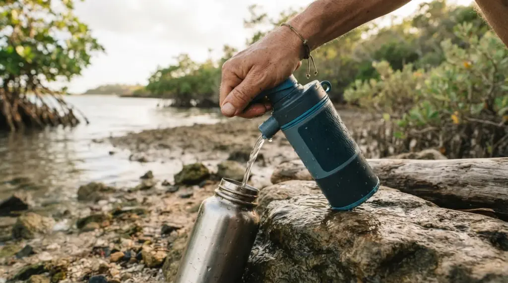 A weathered hand operating a compact, modern water purification device, with soft