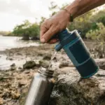 A weathered hand operating a compact, modern water purification device, with soft