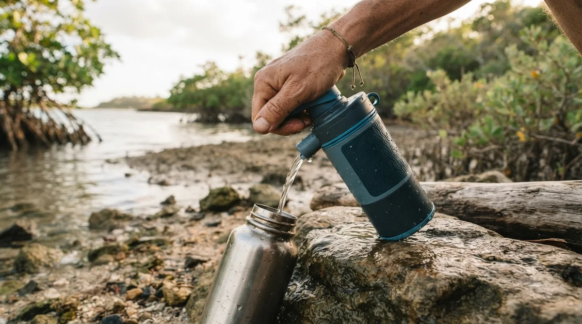 A weathered hand operating a compact, modern water purification device, with soft